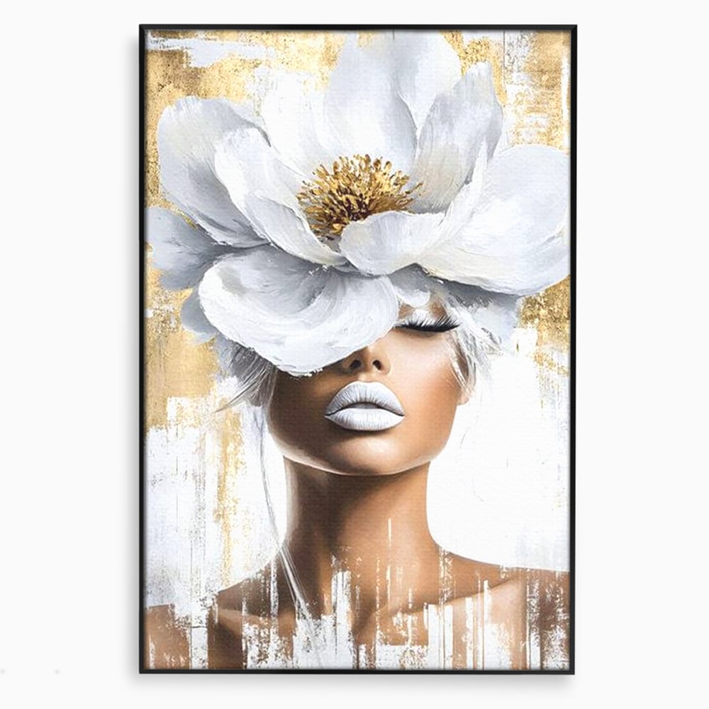 Tablou canvas cu tablou canvas cu portret de femeie si magnolie, in rama de aluminiu negru